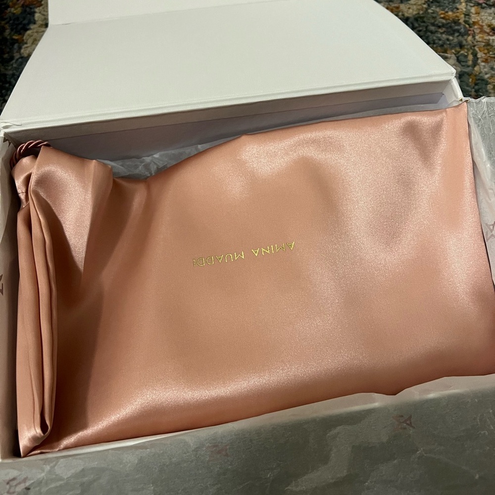 Amina Muaddi Pink Satin Crystal Bow Mules - Picture 10 of 11
